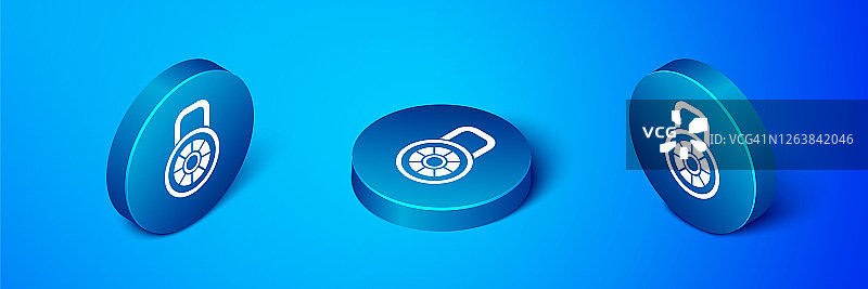 安全型密码锁图标隔离在蓝色背景上。组合挂锁。安全，安全，保护，密码，隐私。蓝色圆按钮。向量图片素材