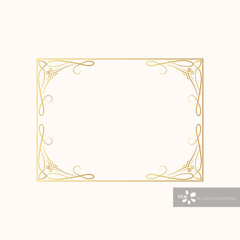 手绘金色矩形漩涡边框。矢量孤立的复古皇家框架与金丝装饰元素。王室婚礼请柬。图片素材
