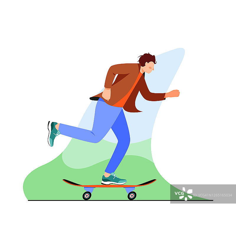 孤立的白人男子在滑板矢量插图。图片素材