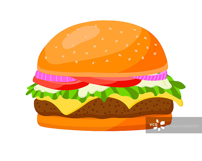 美味的大汉堡，生菜，西红柿，洋葱，奶酪，牛肉和酱汁。快餐。孤立在白色背景上。图片素材