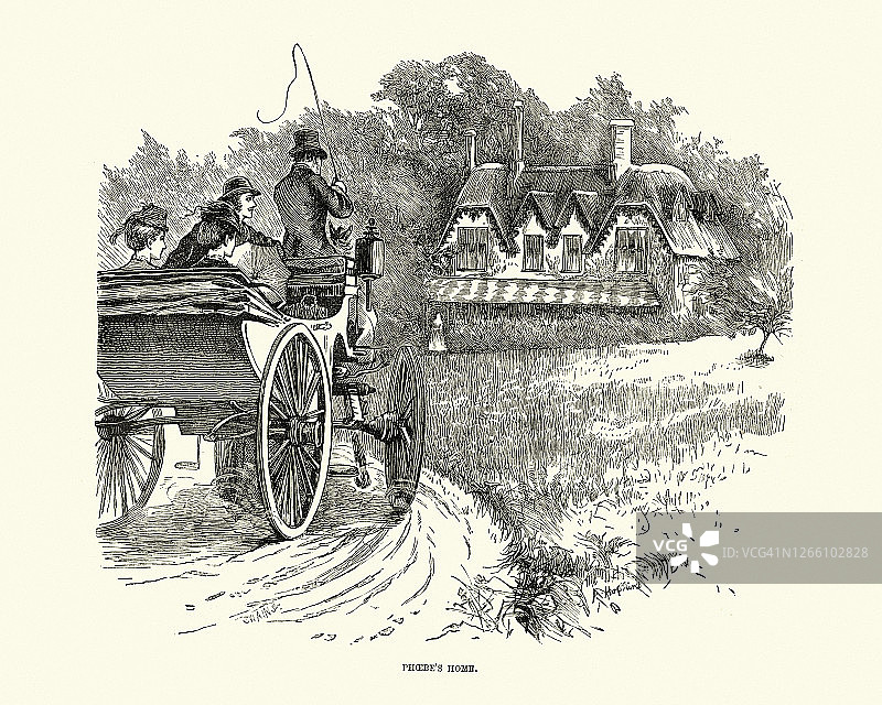 19世纪70年代，维多利亚时代，乘坐马车来到乡村小屋的游客图片素材