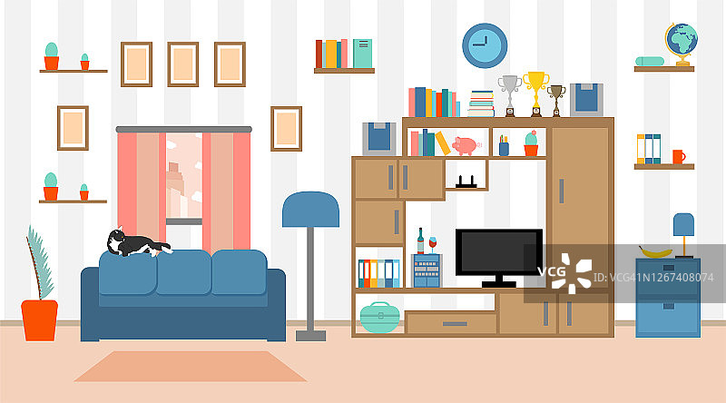 客厅内。休息室里有家具，窗户，电视，猫，一瓶酒。家庭背景在平面设计。舒适的房子设备。矢量插图。图片素材