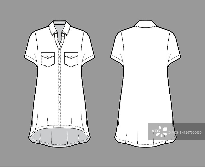 超大号衬衫裙的技术时尚插图与角口袋，短袖，常规领，高低下摆图片素材