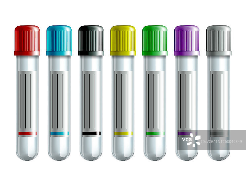 一套血液试管或塑料空试管不同类型，带彩色帽图片素材