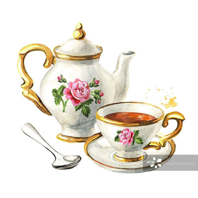 茶壶、茶杯和茶碟。古董瓷器。手绘水彩插图，孤立的白色背景图片素材