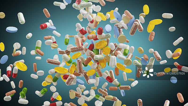 飞行,药片。不同颜色的药片，胶囊。卫生保健的概念。药片里有抗生素，还有维生素。产品从药店。制药公司，行业，3d插画图片素材