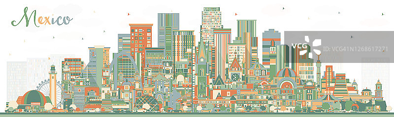 墨西哥(国家)城市天际线与彩色建筑。矢量插图。图片素材