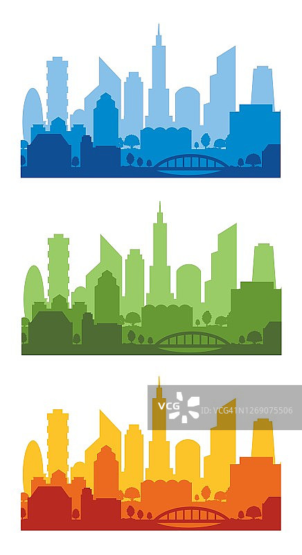 现代城市剪影在白色背景上的各种颜色，矢量插图集图片素材