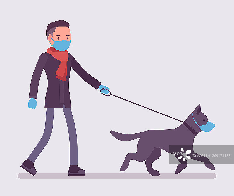 戴着口罩和手套的男子带着隔离的狗散步图片素材