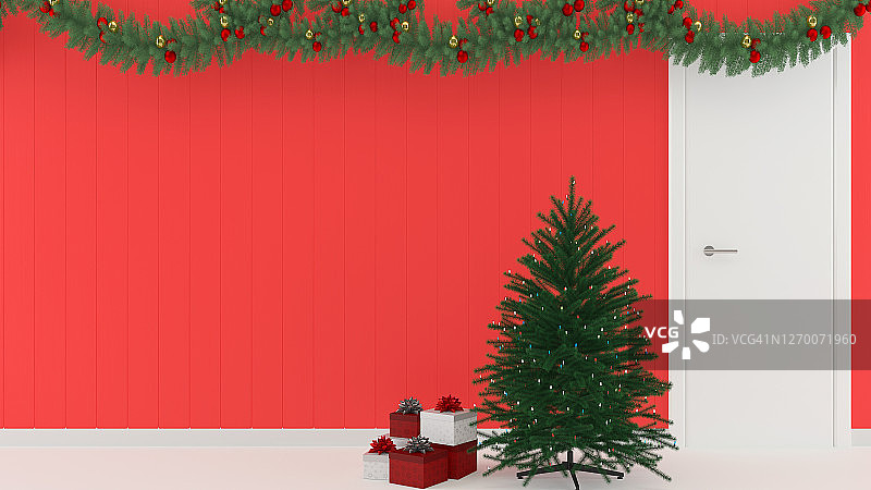 室内最小的房间与圣诞树装饰3d渲染模板背景copyspace图片素材