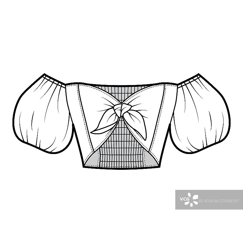 领带前裁剪露肩顶部技术时尚插图蝴蝶结详细的前面，蓬松的衬衫袖子图片素材