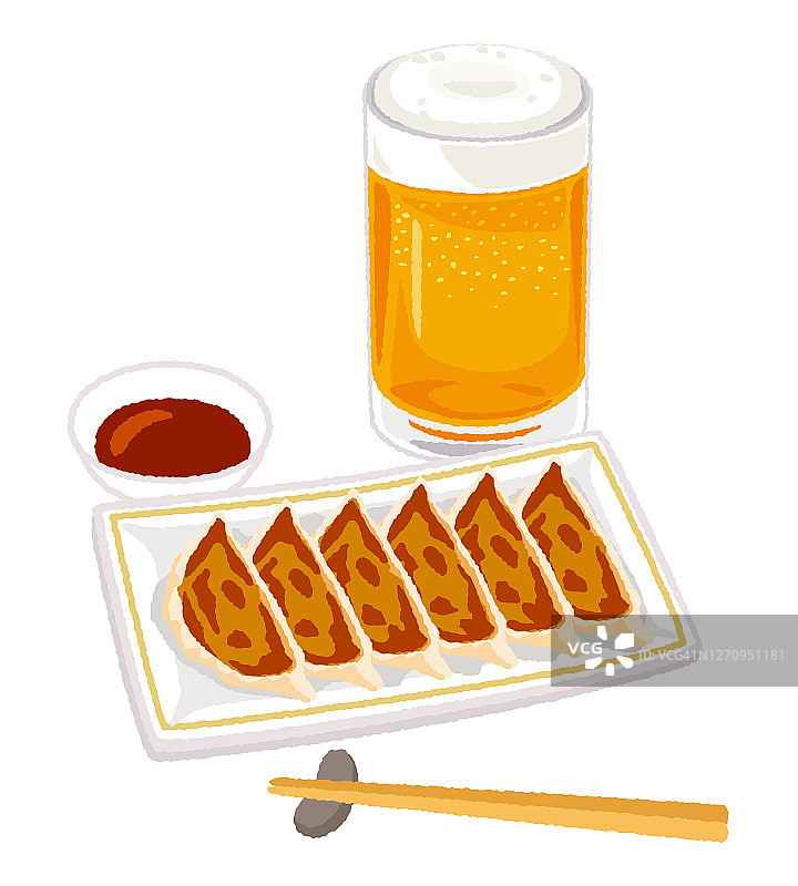 啤酒和烤日式煎饺的插画图片素材