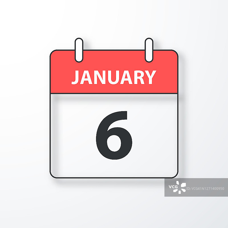 1月6日-每日日历-黑色轮廓与阴影在白色的背景图片素材