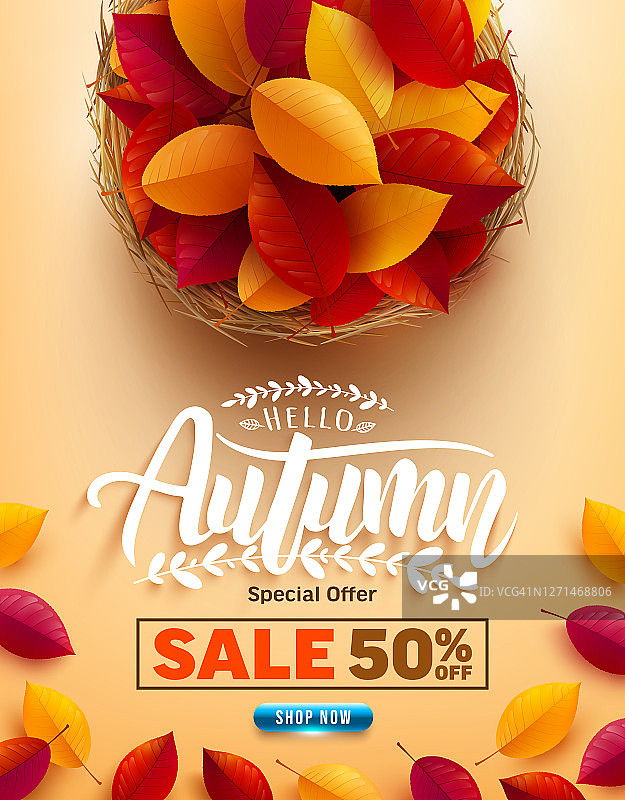 秋季销售海报或横幅与秋天彩色的叶子在黄色的背景。秋天的问候和礼物。矢量插图eps 10图片素材