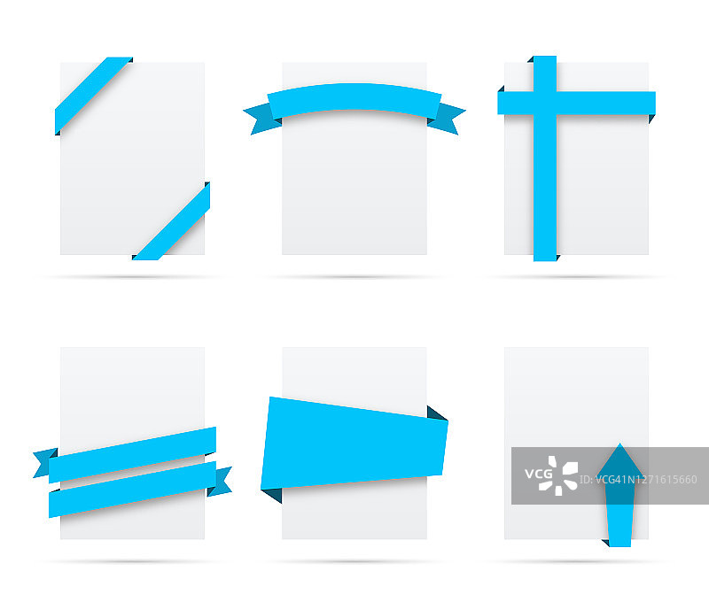 一套空白白色标签上的蓝丝带-设计元素图片素材