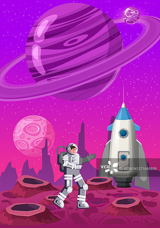 宇航员探索外星球火箭。宇航员科学旅行者角色在一个岩石表面在遥远的星系。卡通平面风格矢量插图横幅图片素材