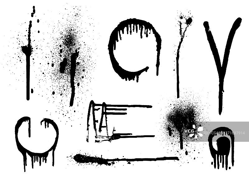 矢量黑白集与墨水飞溅，印迹和笔触。Grunge纹理几何元素的设计，背景。图片素材