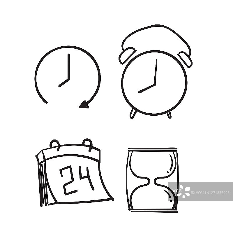 手绘时间和时钟矢量线性图标。时间管理。计时器，速度，报警，时间管理，日历符号插图矢量。涂鸦图片素材