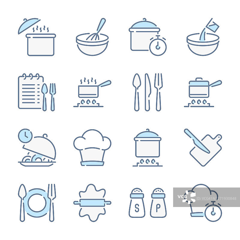 烹饪和厨房用具相关的蓝色线彩色图标。锅，锅和烹饪食谱的图标设置。图片素材