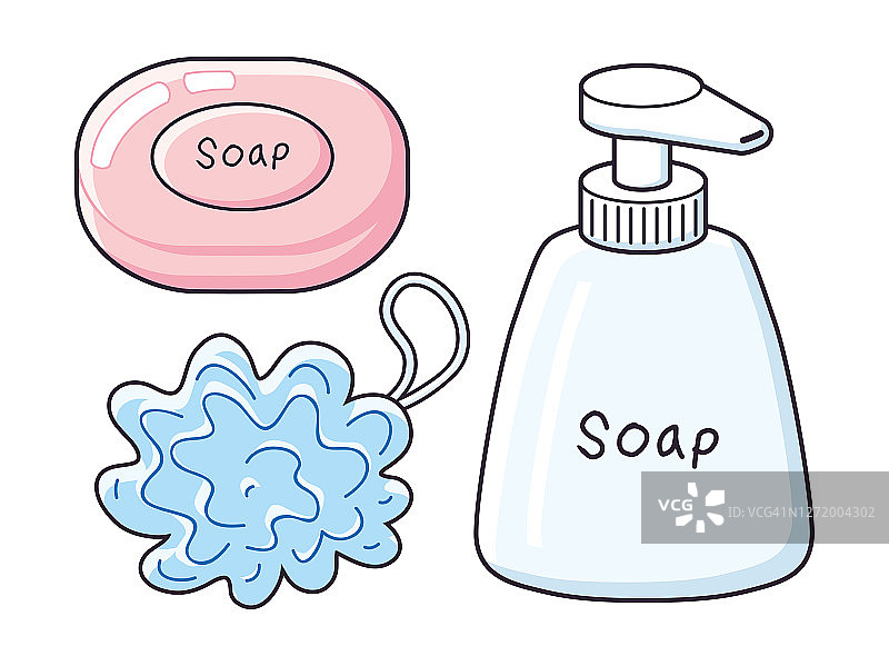 肥皂棒，奶瓶和软浴泡芙。图片素材