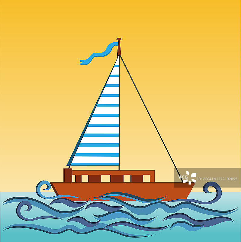 帆船上的海浪上的夕阳背景黄色梯度矢量卡通图片素材