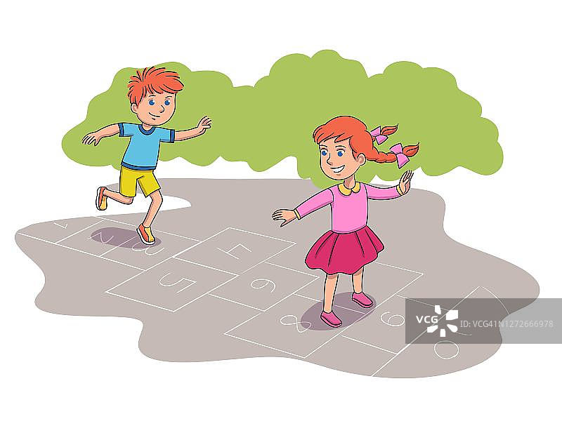 孩子们在外面玩跳房子游戏。快乐的女孩和男孩一起在学校附近的操场上跳跃。有趣活跃的户外活动矢量插图。人行道上用粉笔写的数字图片素材