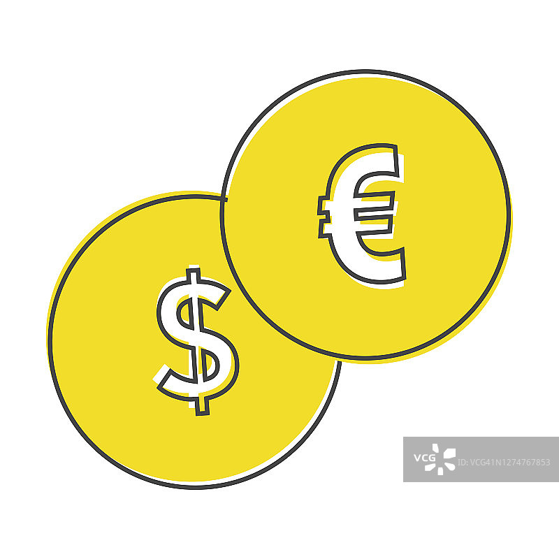 矢量美元和欧元硬币图标卡通风格的白色孤立的背景。图片素材