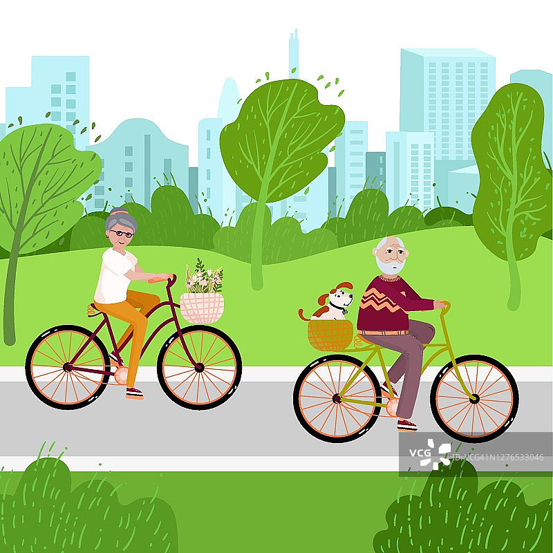 老夫妇骑着自行车在公园里遛狗。老年人家庭花时间在户外健康生活。老年人骑车活动时间。很好的锻炼城市夫妻在矢量。图片素材