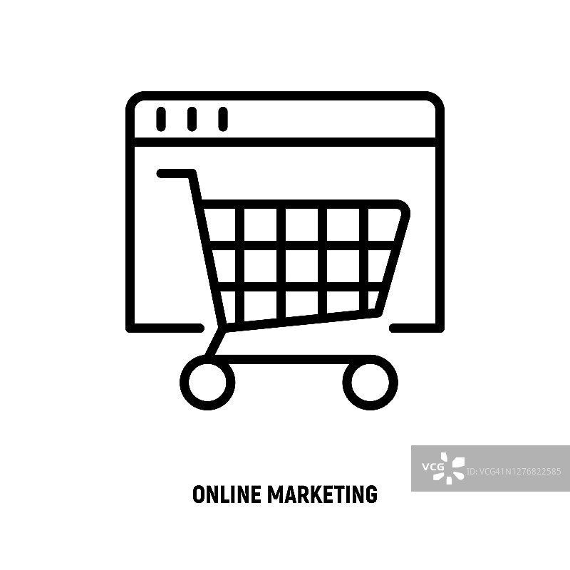 网络营销细线图标。带有购物车的网页。在线推广策略。矢量插图。图片素材