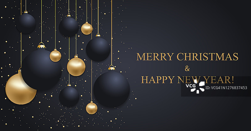 圣诞深蓝色背景与圣诞金色和蓝色球。新年快乐装饰。优雅的圣诞横幅或海报。向量图片素材