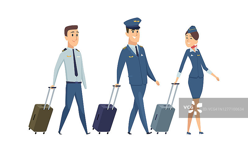 飞机的团队。机长，领航员和空姐带着行李箱被隔离。快乐的飞机工作人员去登机矢量插图图片素材