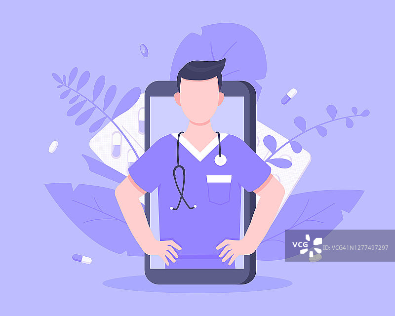 在线医生医疗服务理念与智能手机中的医生矢量插画。远程医疗网络咨询患者的保健检查和服用处方药。图片素材