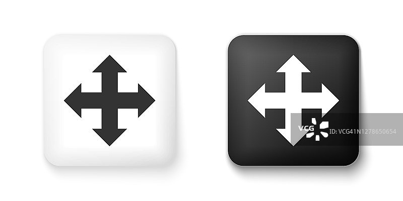 黑白相间的白色背景上孤立的四个方向的箭头图标。方形按钮。向量图片素材