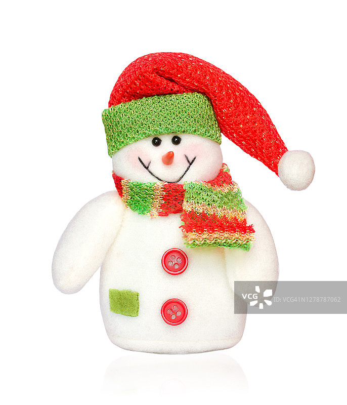 戴着红帽子和围巾的小雪人被孤立在白色的背景上图片素材