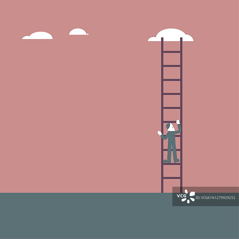 一个人爬上云，用梯子。图片素材