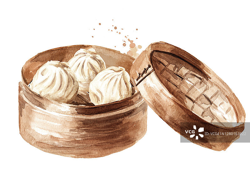竹蒸笼和传统中式饺子点心。手绘水彩插图，孤立的白色背景图片素材