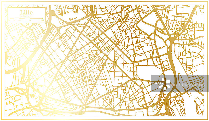 里尔法国城市地图在复古风格在金色。略图。图片素材