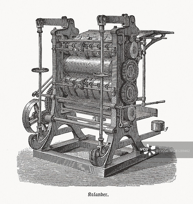 历史悠久的压光机，木刻，1893年出版图片素材