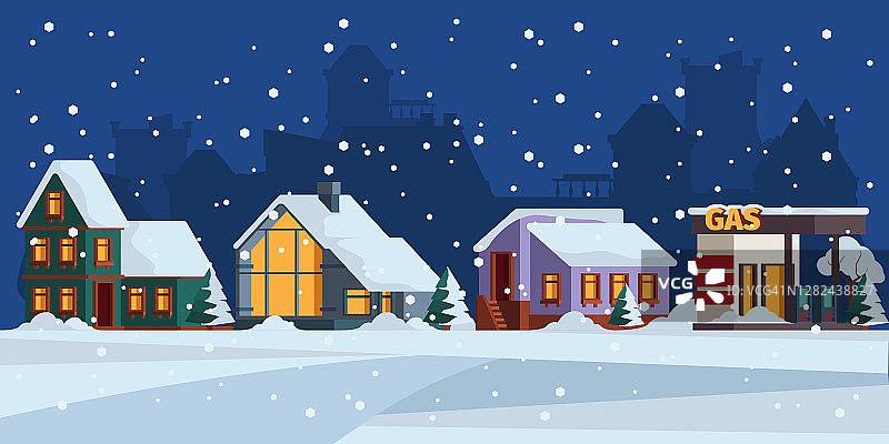 冬天的风景。小屋雪立面圣诞景观矢量彩色背景图片素材