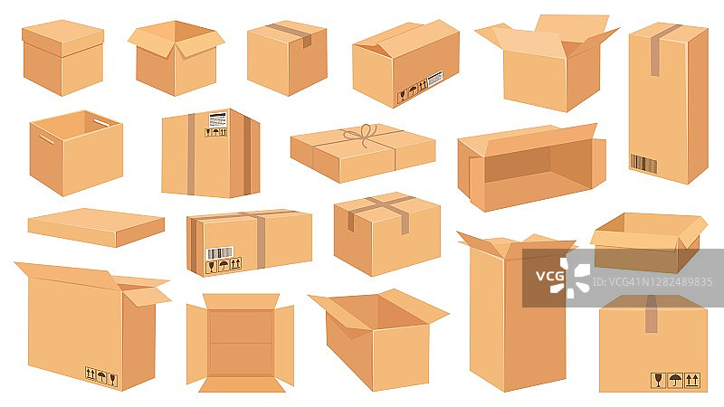 纸板箱。卡通棕色纸箱包装。开闭发货矩形箱，有易碎标志。矢量运输和包装集图片素材