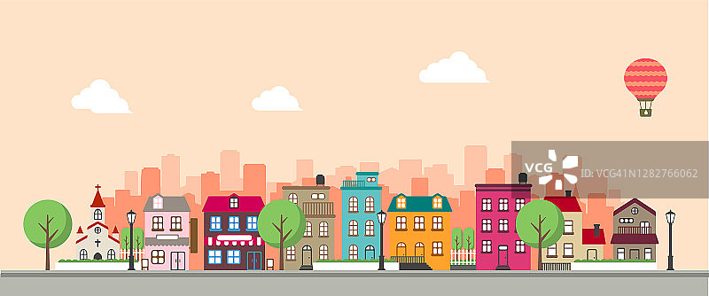 现代多彩的城市/城镇街道平面矢量插图(无人)图片素材