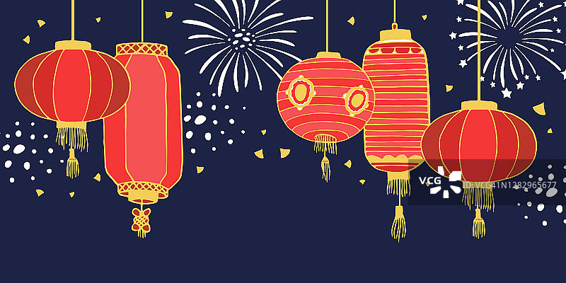 中国传统的纸灯笼挂在纸的顶端和烟花。矢量手绘草图插图图片素材