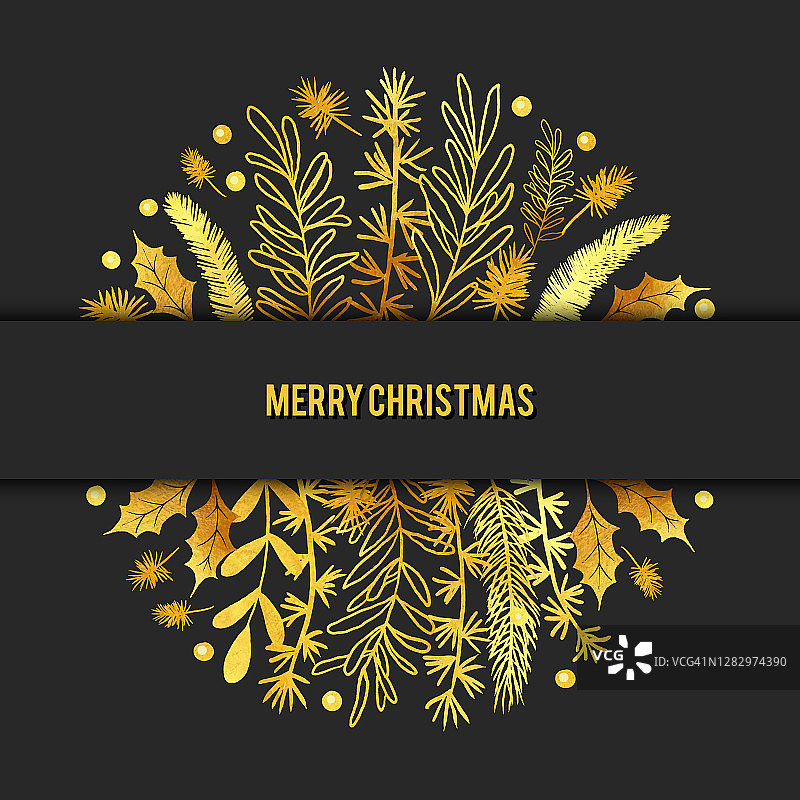金圣诞卡设计模板与冬季植物，杉木，云杉，松树树枝。图片素材