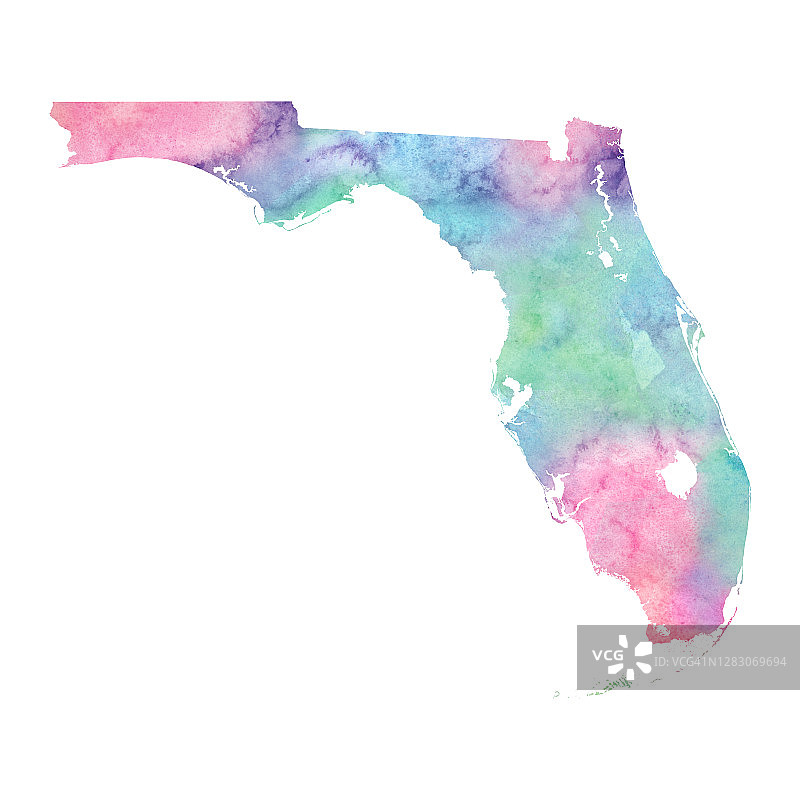 佛罗里达栅格水彩地图插图在粉红色和蓝绿色图片素材