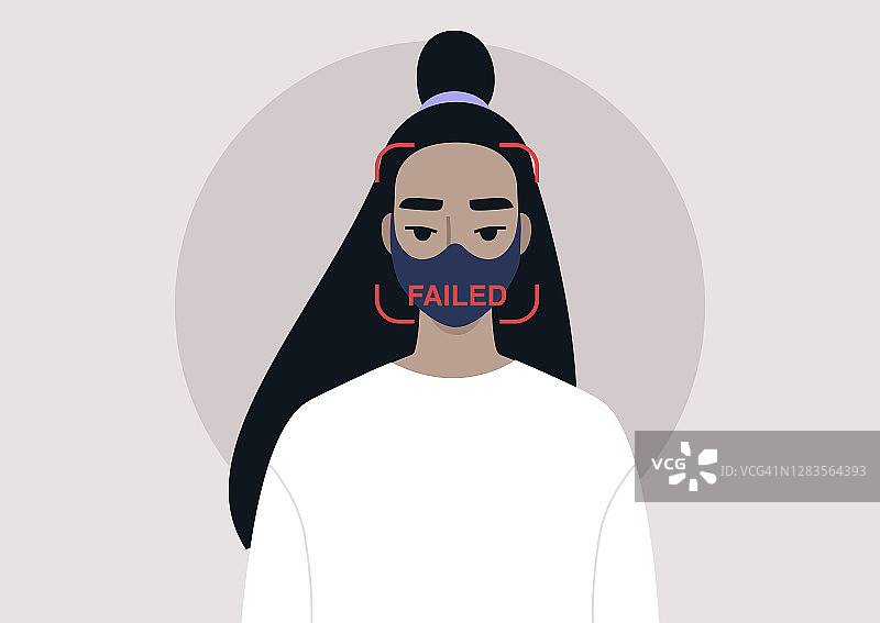 一个年轻的亚洲女性角色戴着面具，面部识别系统失败，在线验证图片素材