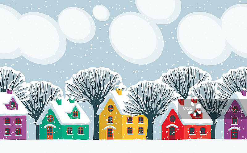 冬天的风景，有彩色的房子和树木图片素材