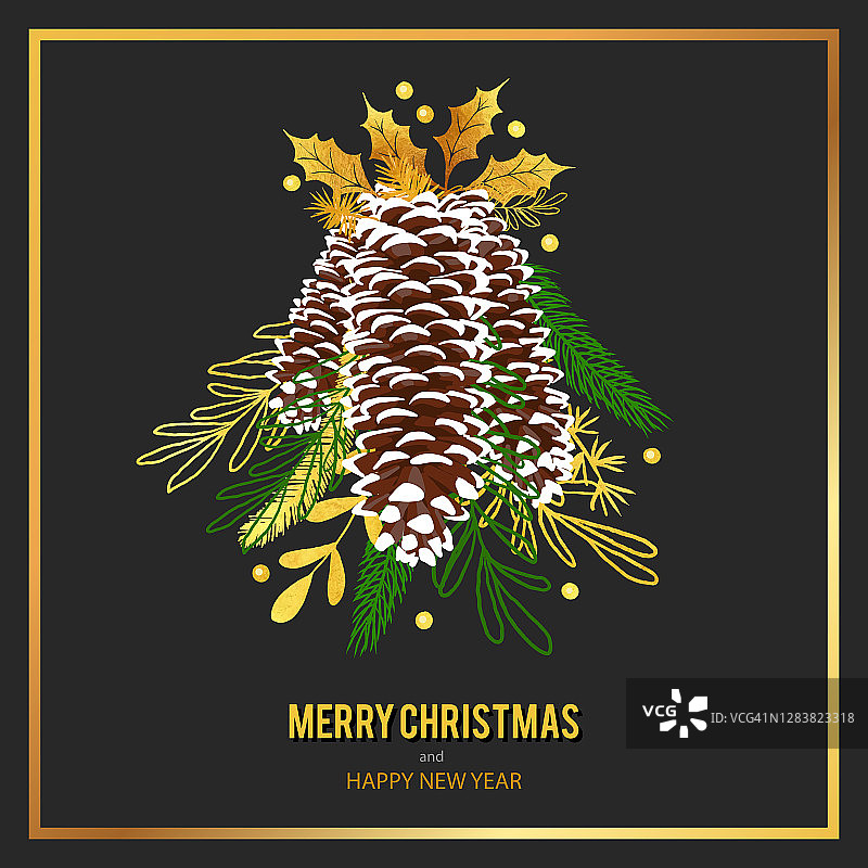 金圣诞卡设计模板与松果，冬季植物，冷杉，云杉，松树树枝和浆果。图片素材