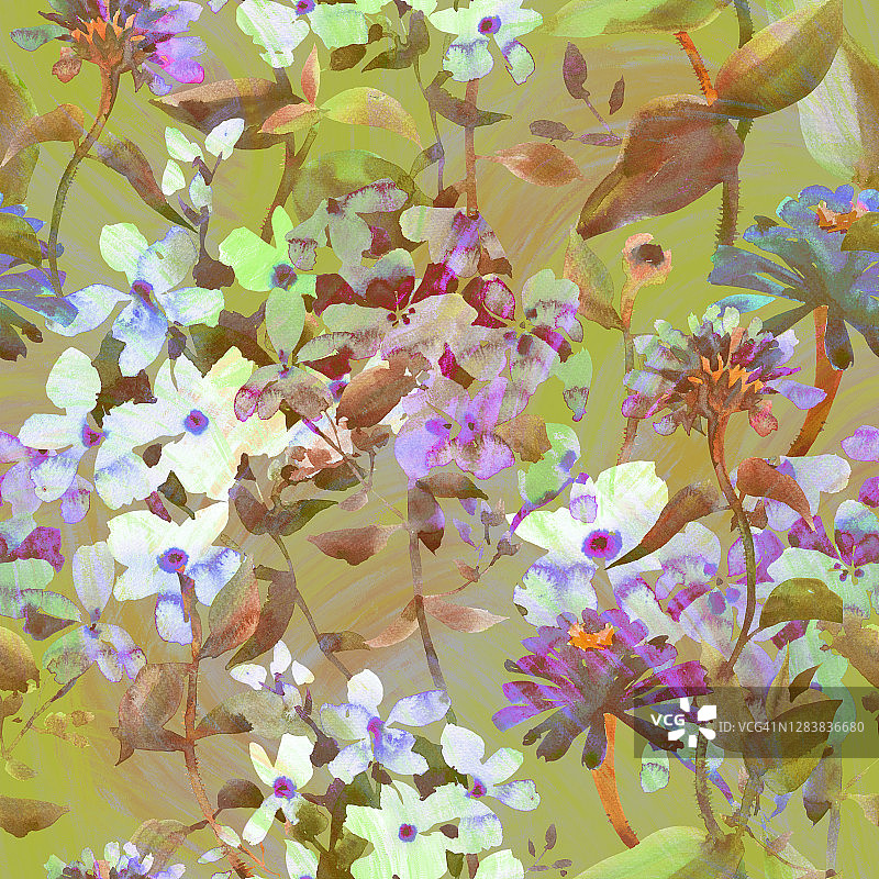水彩花卉无缝图案。手绘彩色的夏季背景花园花卉。为织物和纺织品绘制多彩的植物图。图片素材