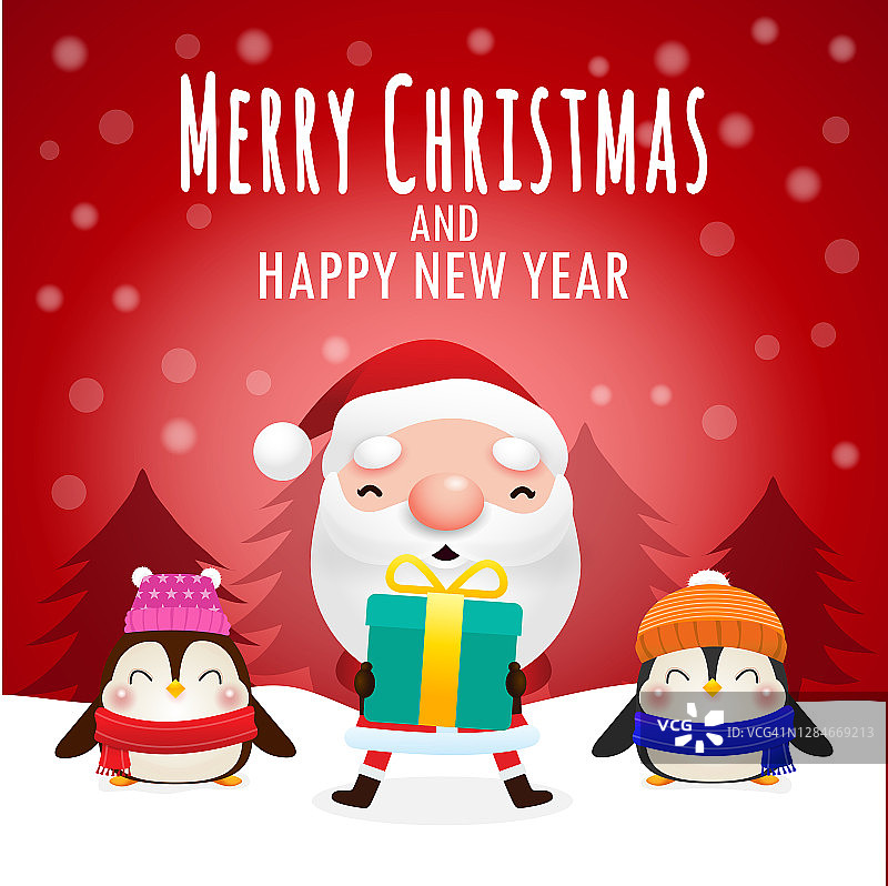 圣诞快乐和新年快乐的贺卡与可爱的圣诞老人持有圣诞礼物和空白空间的消息在红色背景横幅模板复制空间孤立矢量插图图片素材