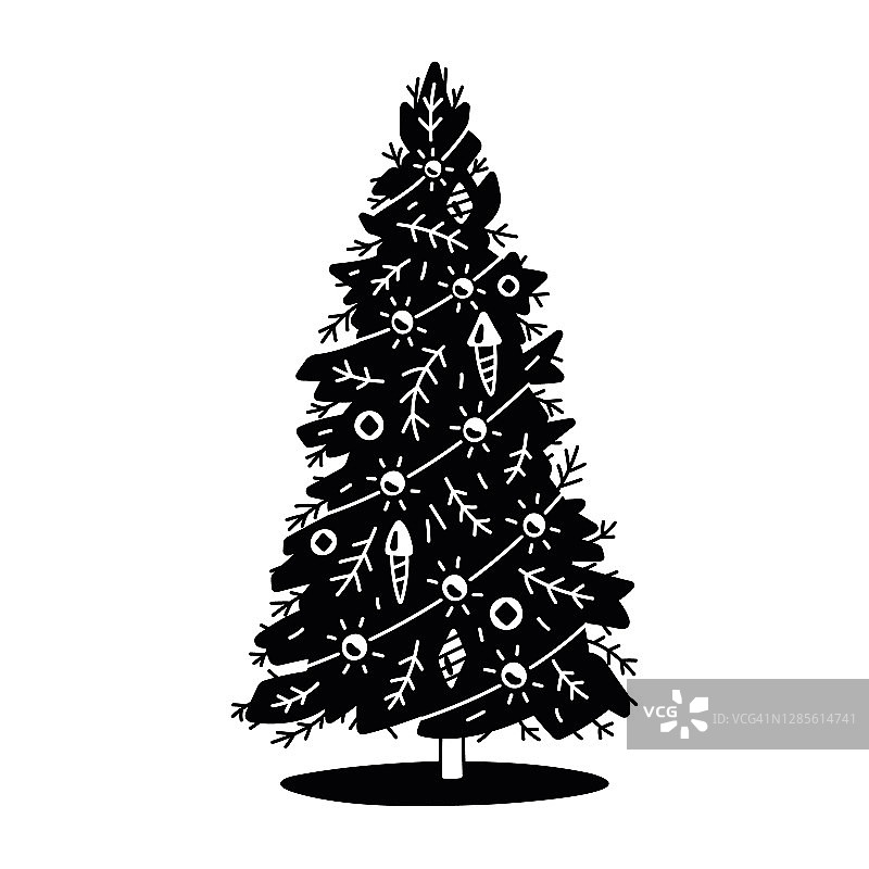 矢量复古插画的圣诞树。黑色的轮廓。图片素材
